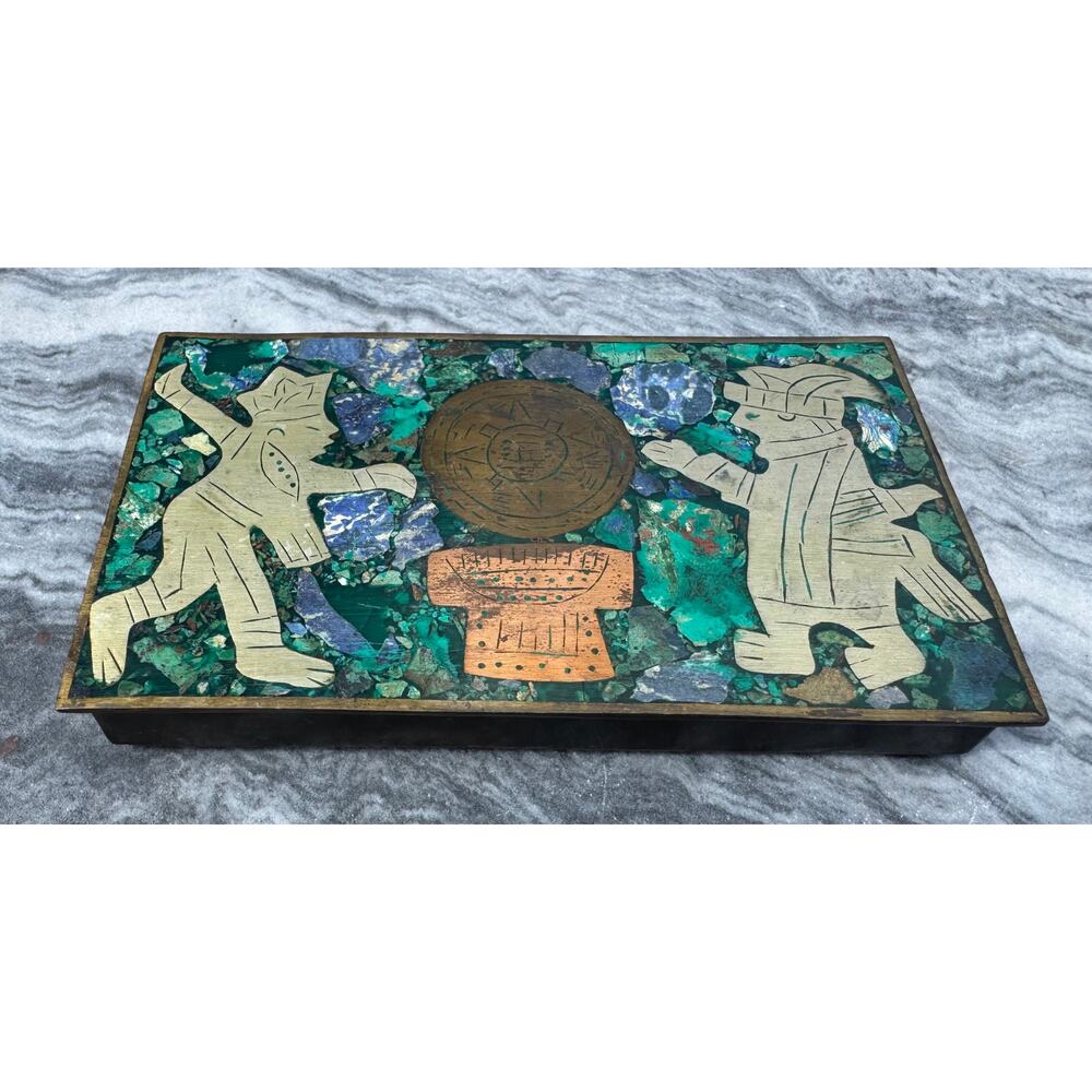 VINTAGE:  MCM Mayan Mexican Mosaic Inlay Brass Copper Wood Trinket Cigarette Box